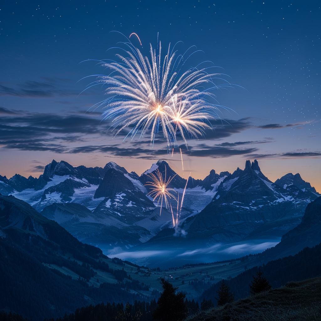 Feuerwerk über verschneiten Alpen bei Nacht – stimmungsvoller Jahreswechsel in den Bergen