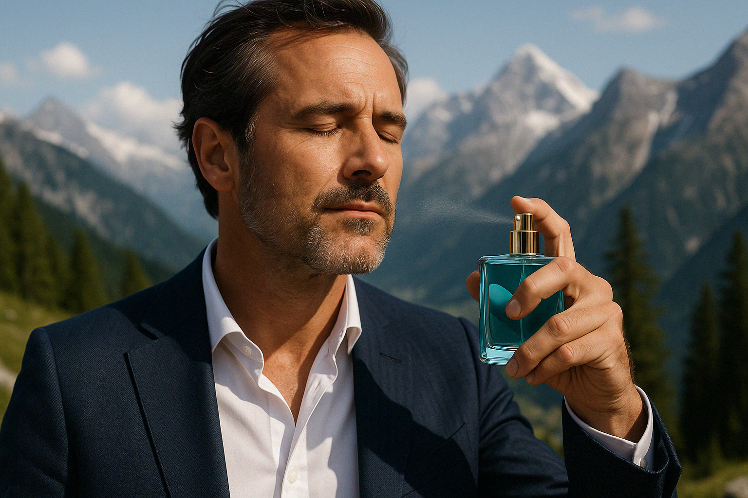 Eleganter Mann mittleren Alters sprüht exklusives Acqua Alpes Parfum 2828 auf – alpiner Lifestyle im Moment der Duftanwendung