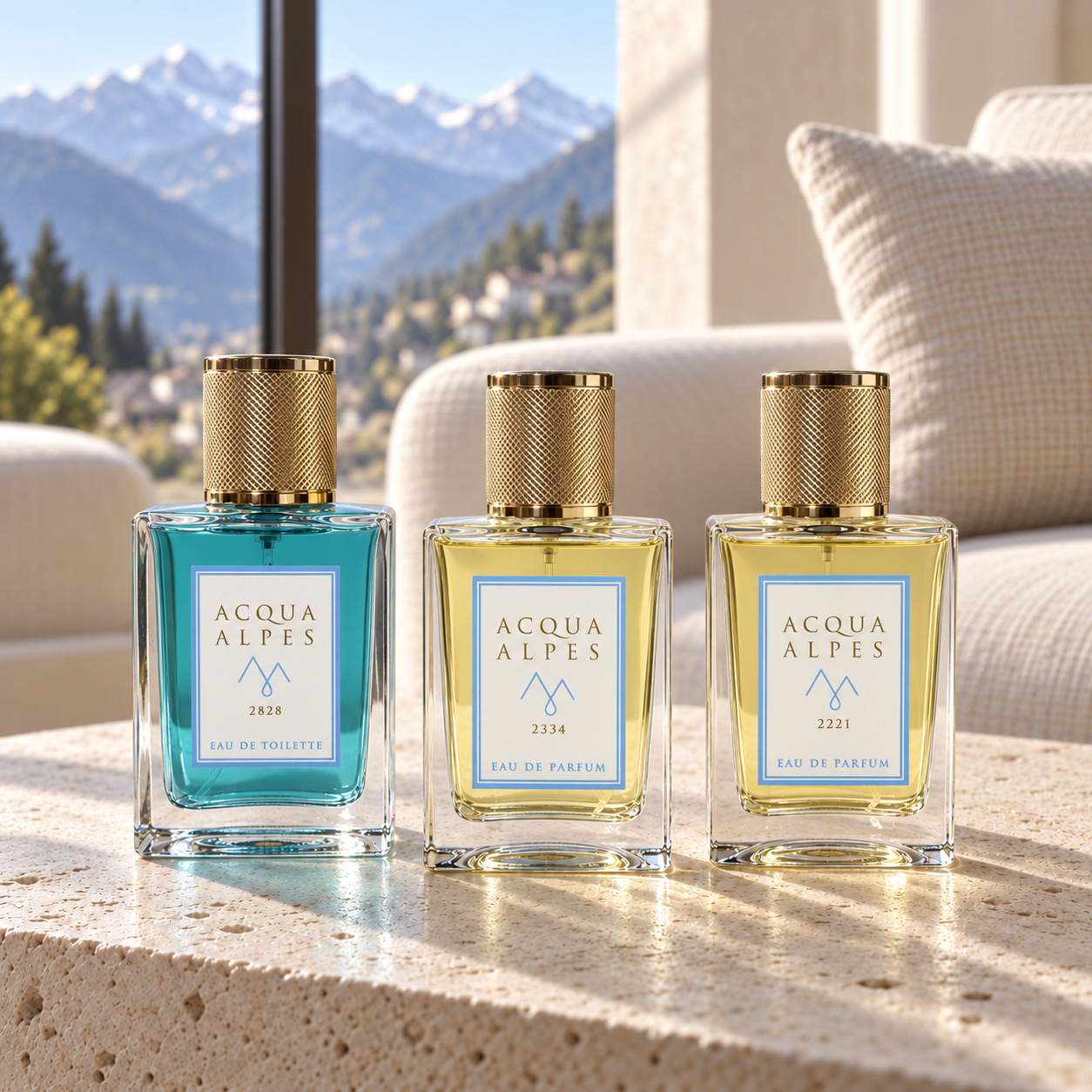 ACQUA ALPES 2828 m · Pirchkogel · Eau de Toilette, 2334 m · Hafelekar · Eau de Parfum e 2221 m · Seefelder Spitze · Eau de Parfum su un tavolino in pietra chiara in un salotto alpino