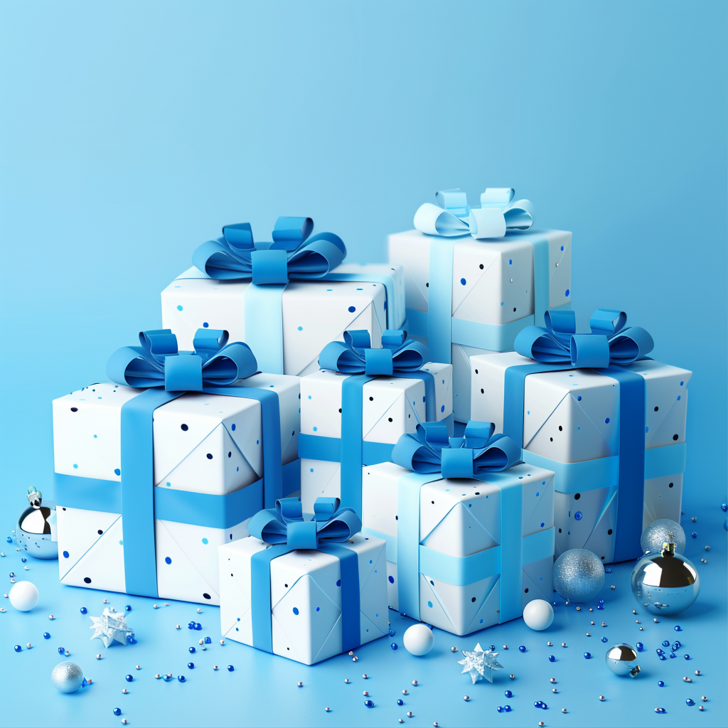 Elegante Geschenkboxen in Weiß und Blau mit Schleifen – festliche Darstellung luxuriöser Black-Friday-Angebote