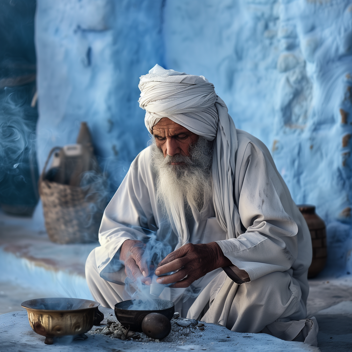 Älterer Mann mit traditioneller Kleidung bei der Arbeit mit Harzen und Rauch – Symbolbild für antike Parfumkunst