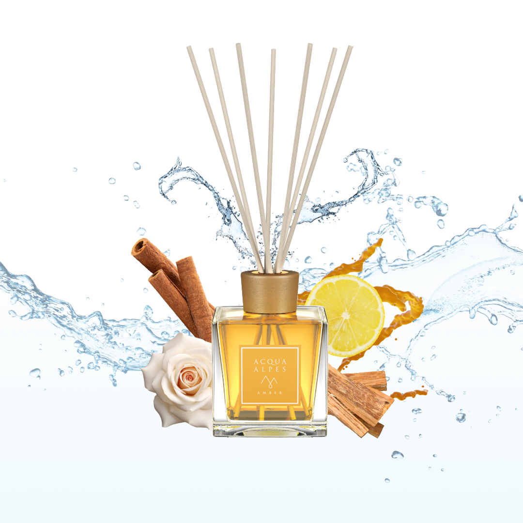 Duftnoten des Raumdufts Amber: Zitrone, Rose, Zimt, Zedernholz, Amber